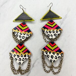 Chunky Painted Wood Dangle Statement Earrings Pierced Pair